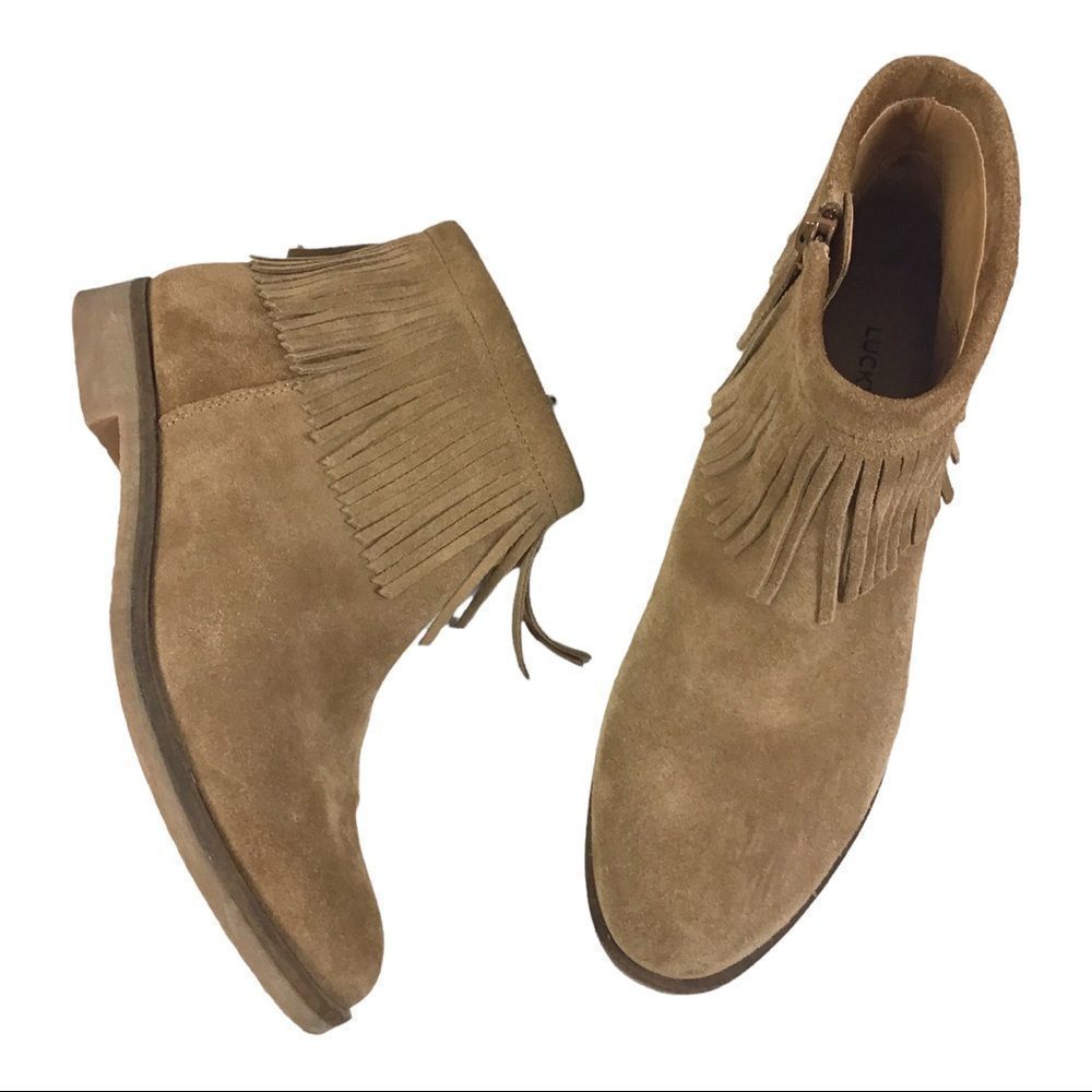 Lucky Brand Galley Boho Brindle Oiled Suede Zip Tassel Fringe Bootie